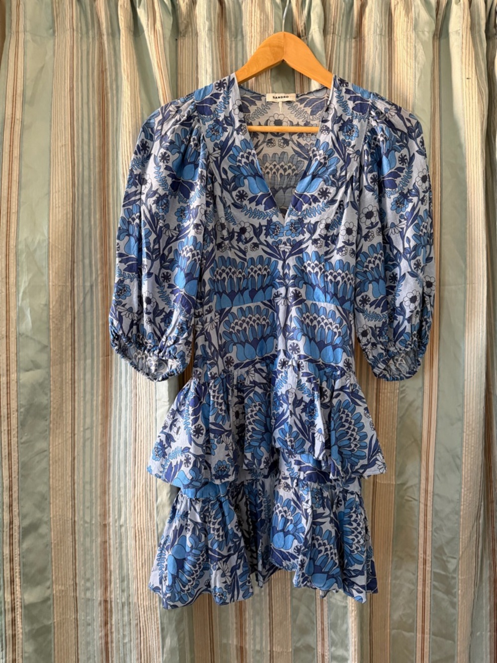 Sandro Yana Blue Floral Tiered Ruffle V-Neck Mini Dress